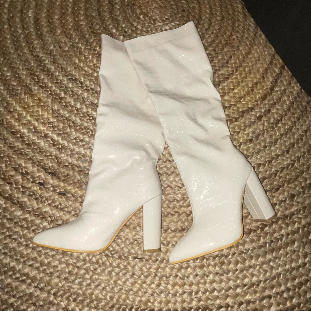 Elegant Faux Croc White/Cream Knee-High Boots